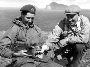 Two men pictured holding a Soay sheep on Hirta St Kilda with Boreray in the background.